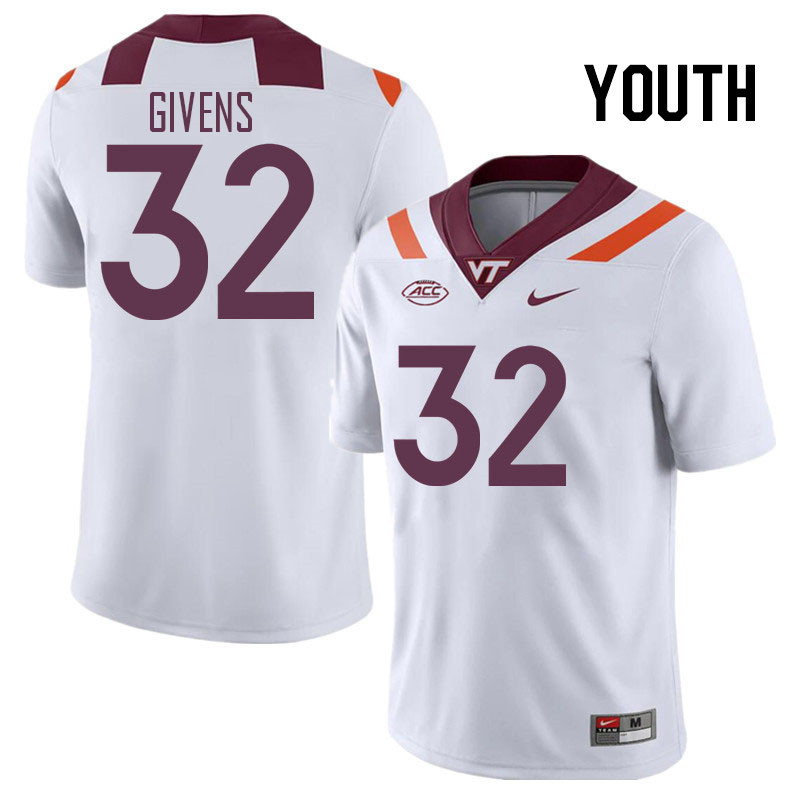 Youth #32 Gunner Givens Virginia Tech Hokies College Football Jerseys Stitched Sale-White - Click Image to Close